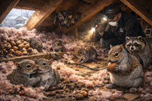 Squirrels nesting in attic insulation causing damage inside a Houston home during winter