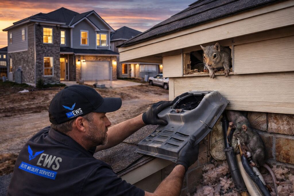 Wildlife entry point in a new construction Houston home showing roof vent and soffit gaps vulnerable to pests