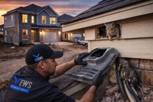 Wildlife entry point in a new construction Houston home showing roof vent and soffit gaps vulnerable to pests