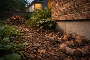 Copperhead snake near the foundation of a Houston home in a backyard with overgrown landscaping