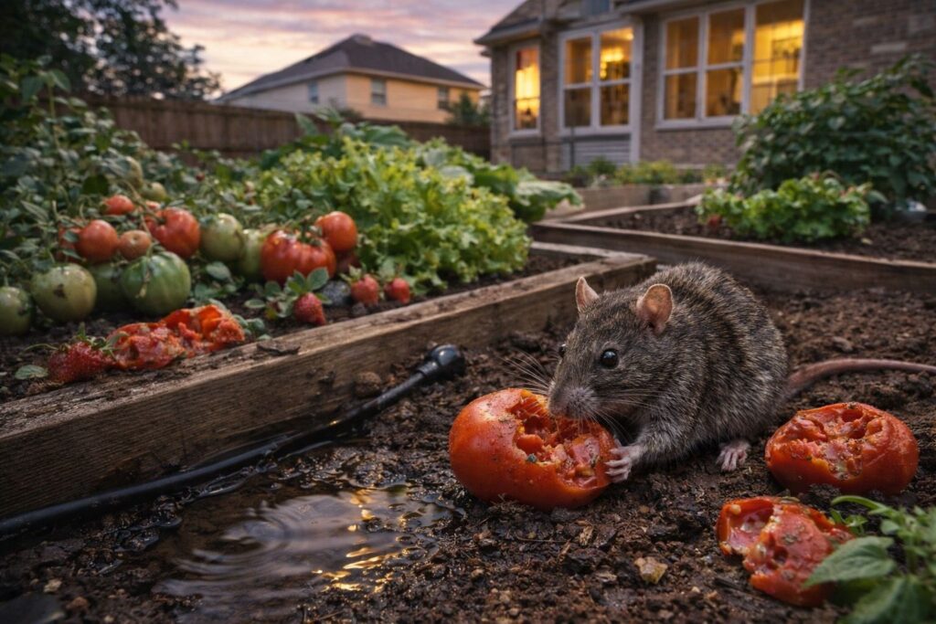 Rat eating tomatoes in a backyard vegetable garden in Houston near a home