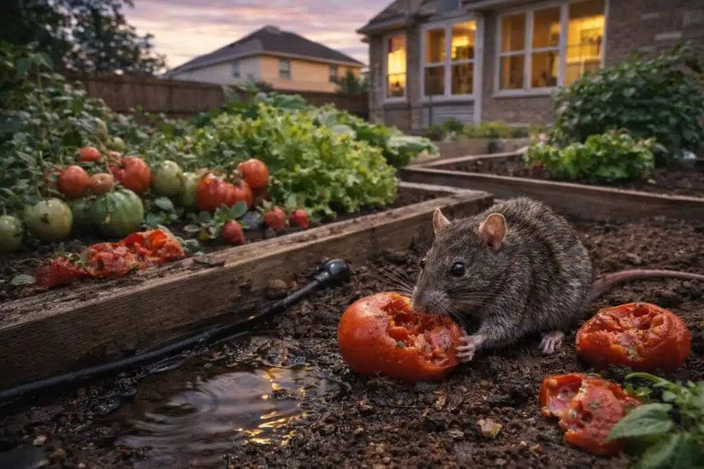 Rat eating tomatoes in a backyard vegetable garden in Houston near a home