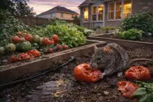 Rat eating tomatoes in a backyard vegetable garden in Houston near a home