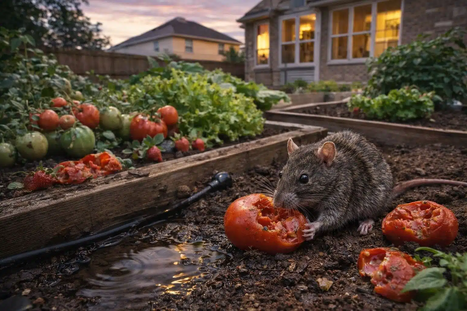 Rat eating tomatoes in a backyard vegetable garden in Houston near a home