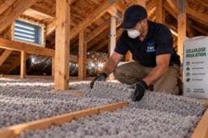 Technician installing rodent-resistant cellulose insulation in a Houston attic after removing damaged fiberglass insulation