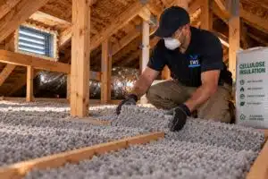 Technician installing rodent-resistant cellulose insulation in a Houston attic after removing damaged fiberglass insulation